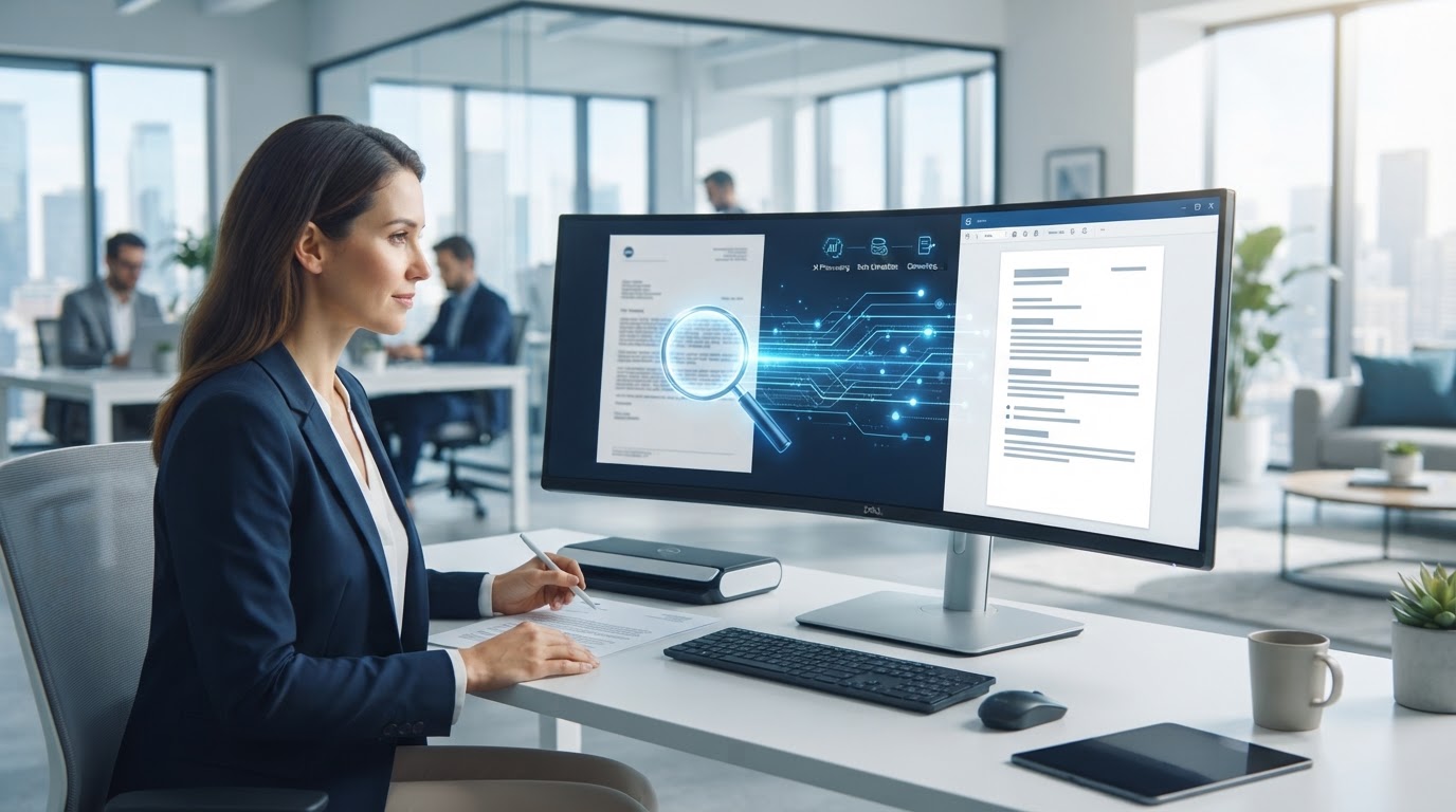 Business illustration showing how OCR works by converting scanned documents into editable digital text