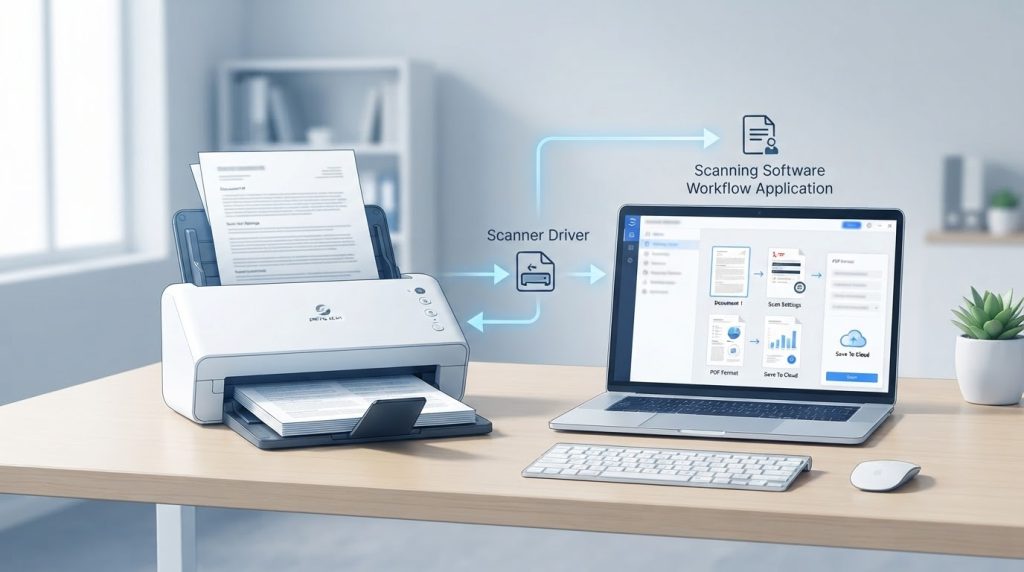 Illustration of a document scanner connected to scanning software for TWAIN scanning